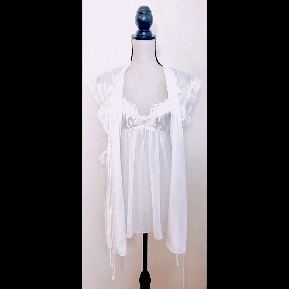 White Bridal Lingerie Set: Lace Satin Embroidered Slip Chemise, Thong & Robe, S